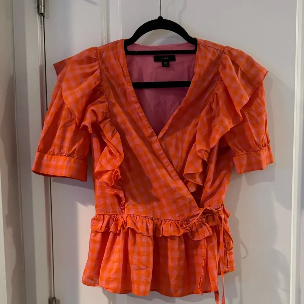 J.Crew Ruffle wrap top in vibrant pink and orange gingham - Picture 2 of 5